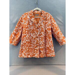 Liz Claiborne Jacket Women's Size 1X‎ Orange/White Rose Swirl Print Short Trench